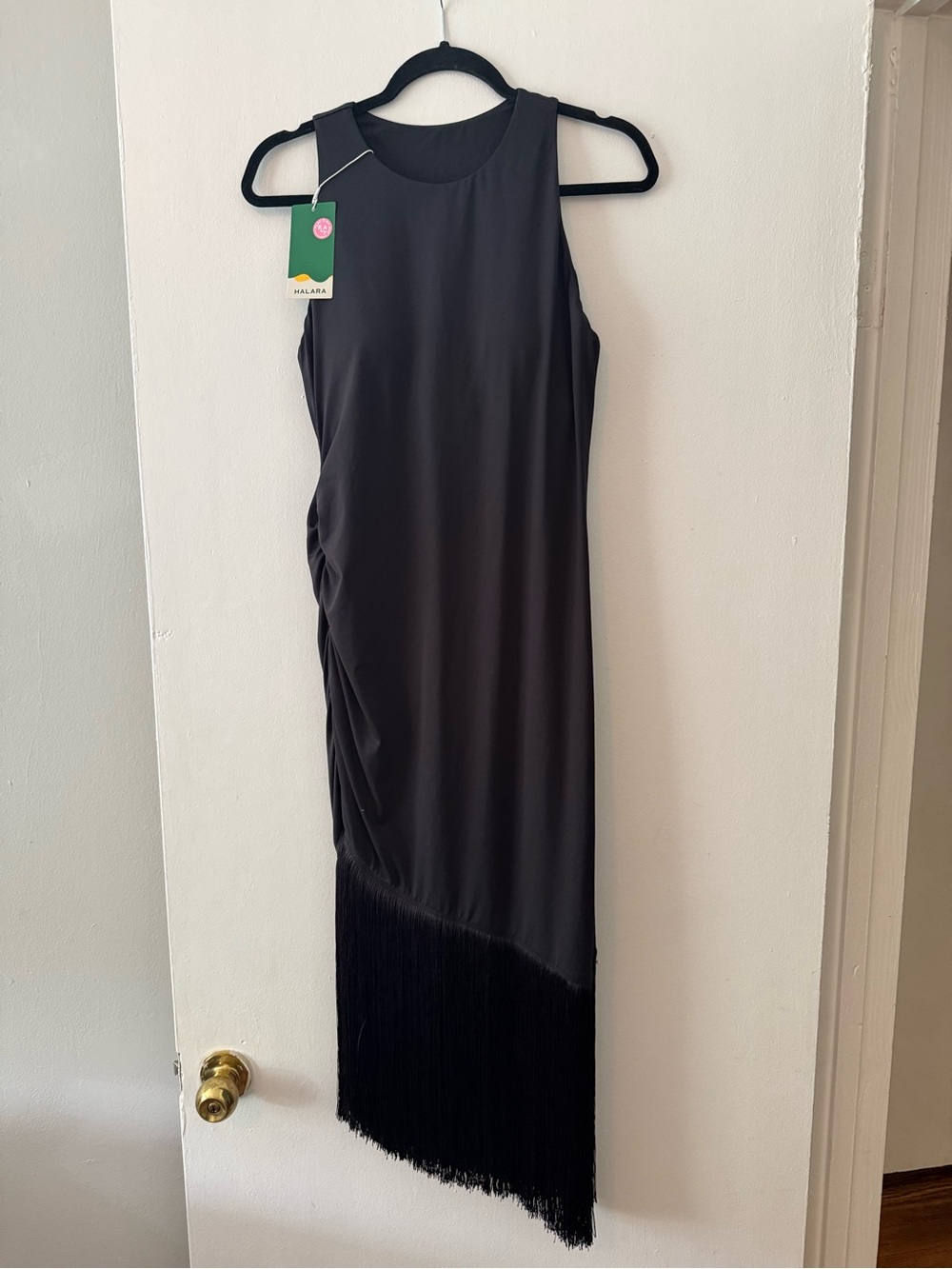 HALARA Black Asymmetrical Fringe Sleeveless Dress